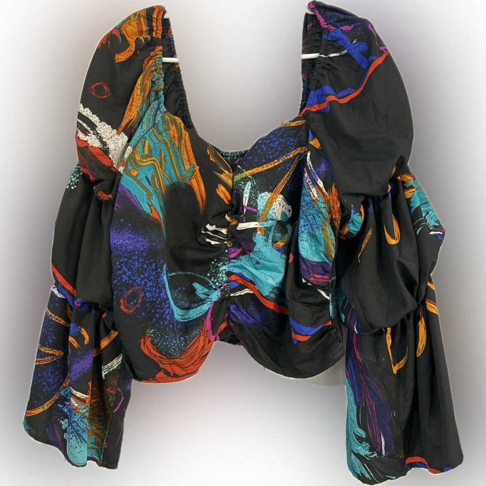Off The Shoulder Vibrant Black Abstract Women's Blouse- NWOT